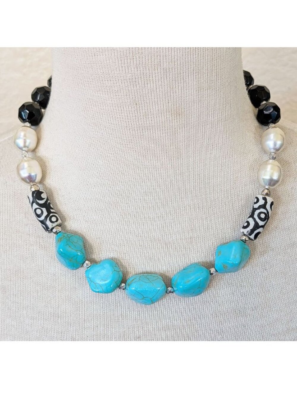 Southwestern Turquoise, Black & White Krobo Glass Pearl Statement Necklace